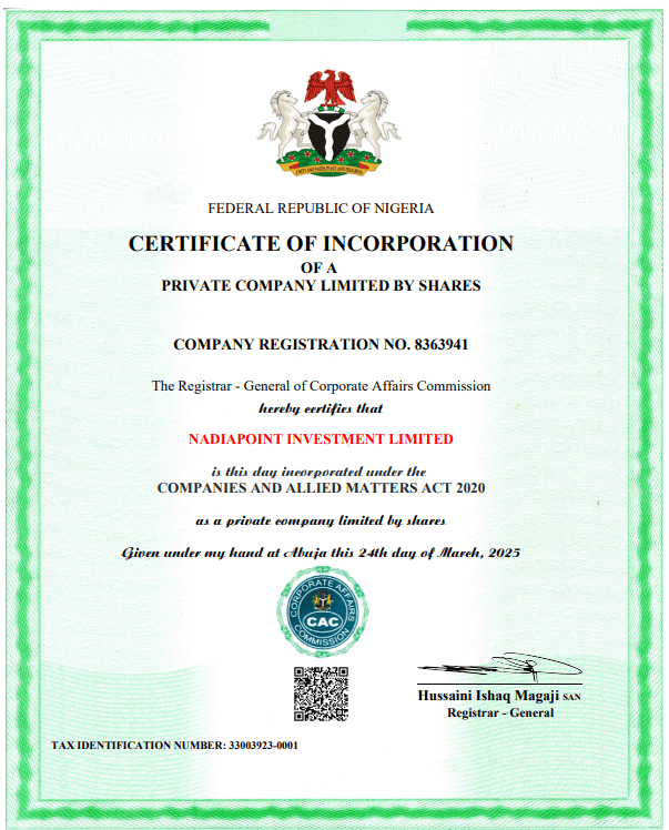 NadiaPoint Investment Limited CAC Certificate